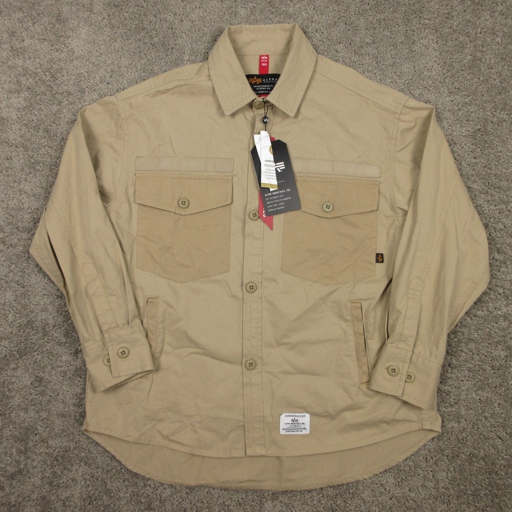 Alpha Industries Shirt Mens Small Beige Vintage Khaki Jacket Military Button Up